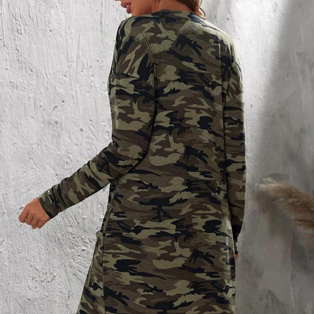 Prisca - Dames Trendy Camouflage Lange Jas met Zakken