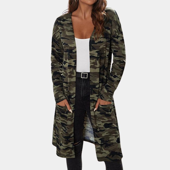 Prisca - Dames Trendy Camouflage Lange Jas met Zakken