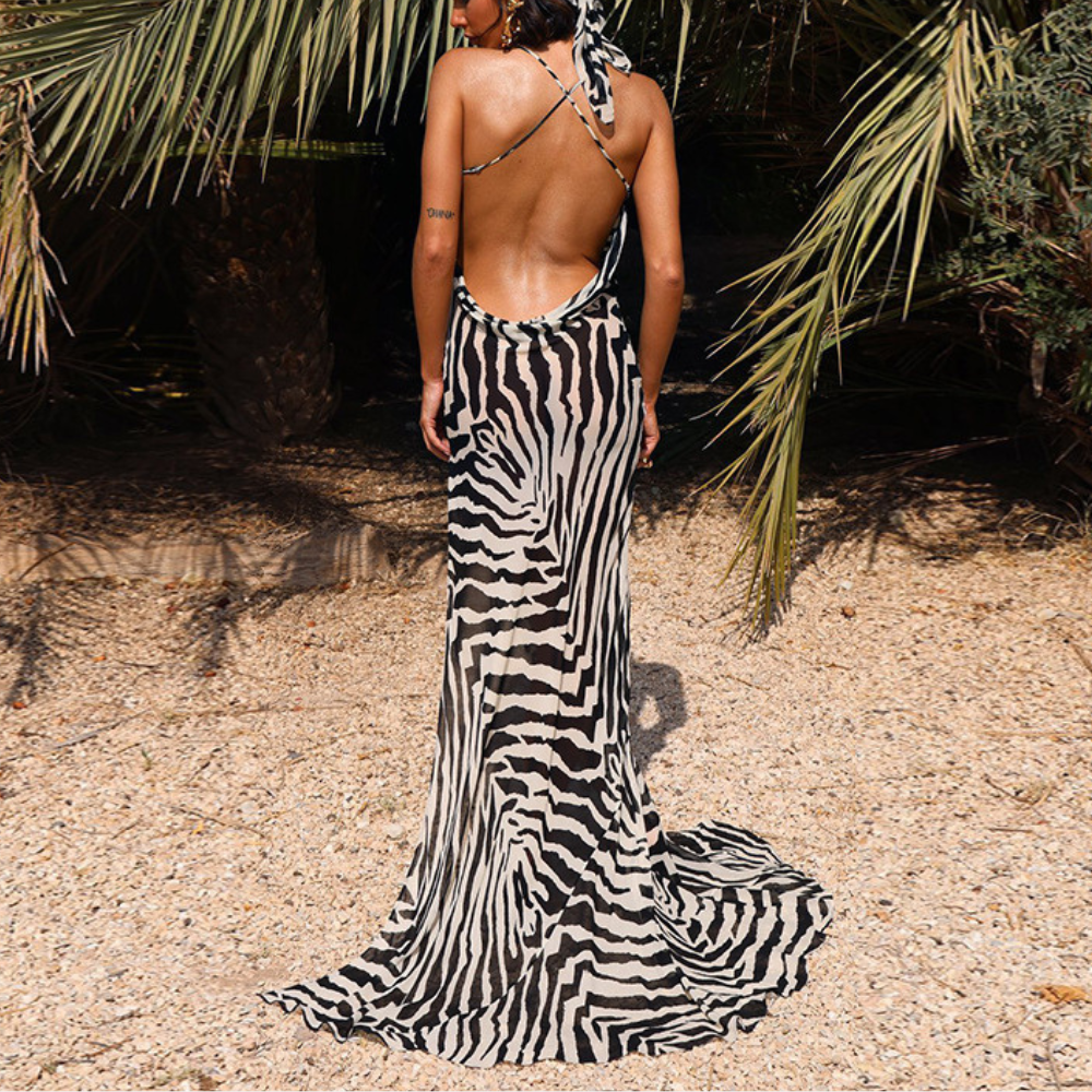 Dayana - Strakke Maxi Jurk met Opvallende Zebra Print