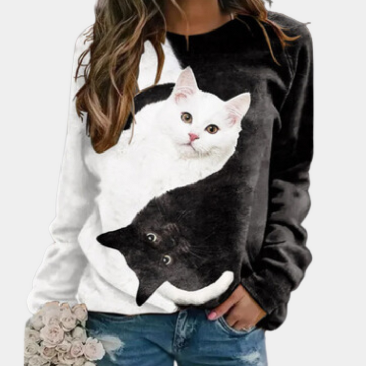 Rina - Damesshirt met lange mouwen en kattenprint