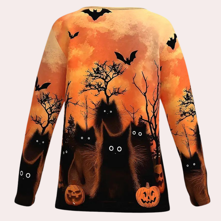 Rella - Stijlvol dames T-shirt met Halloween Kat opdruk