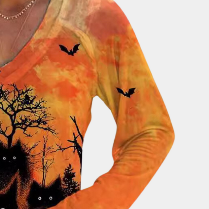 Rella - Stijlvol dames T-shirt met Halloween Kat opdruk