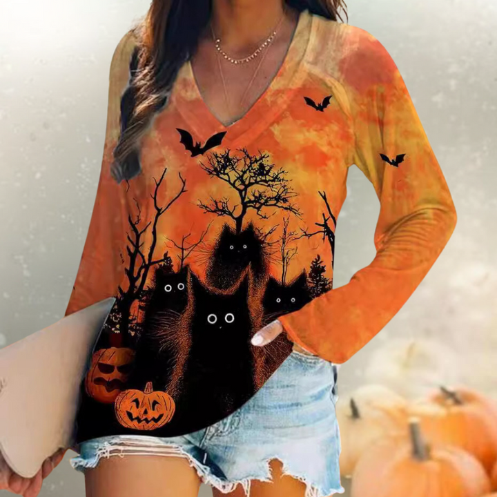 Rella - Stijlvol dames T-shirt met Halloween Kat opdruk