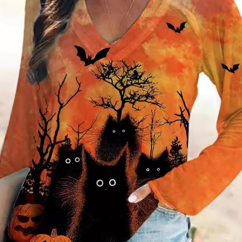 Rella - Stijlvol dames T-shirt met Halloween Kat opdruk