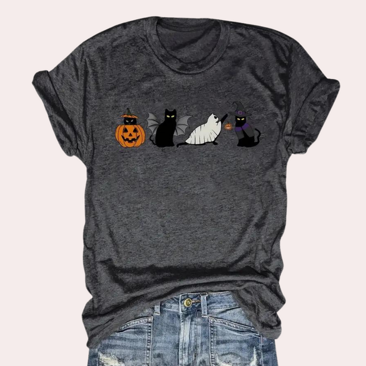 Kati - Halloween kat & pompoen t-shirt voor dames