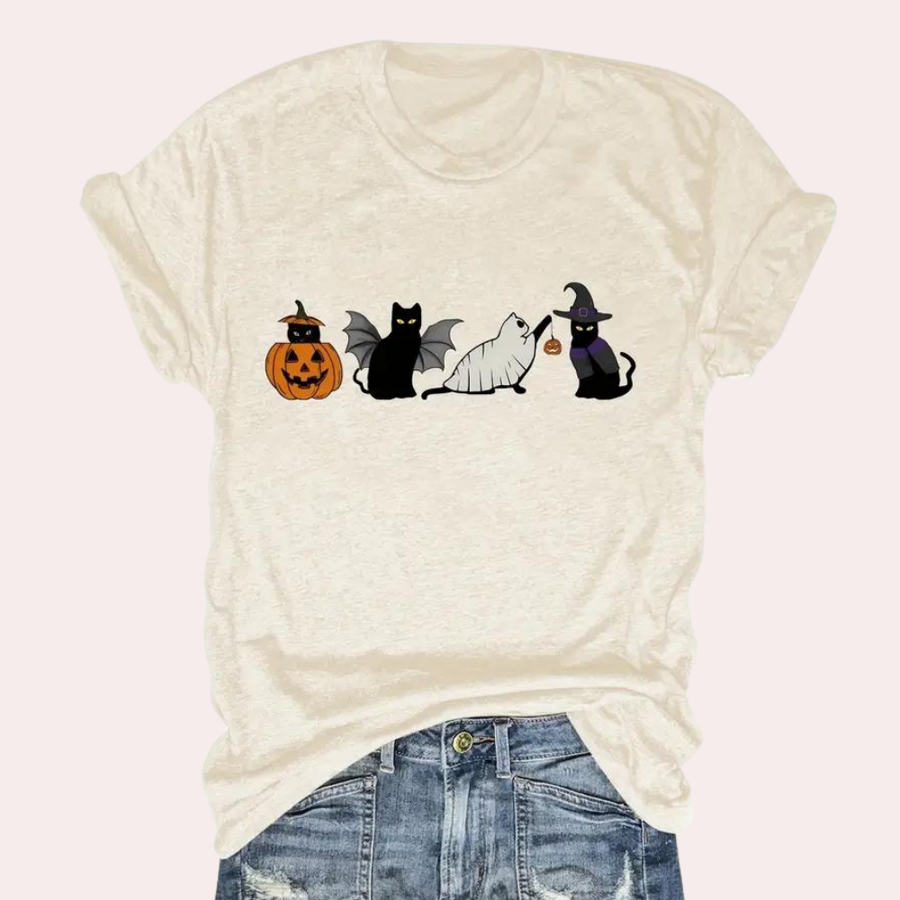 Kati - Halloween kat & pompoen t-shirt voor dames