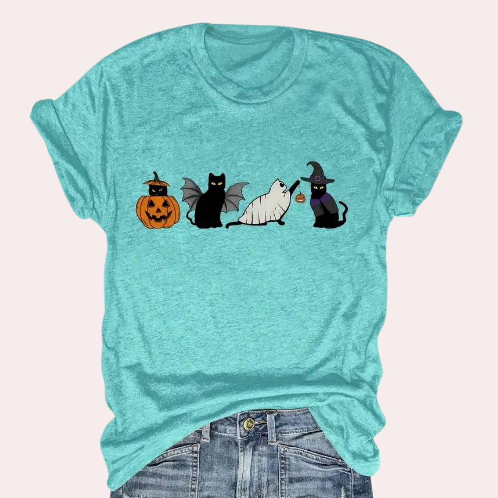 Kati - Halloween kat & pompoen t-shirt voor dames