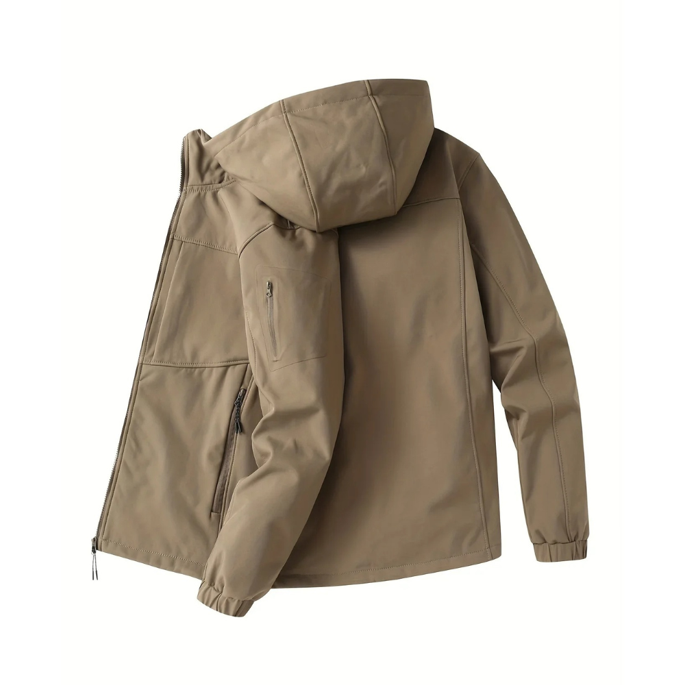 Achterkant khaki fleece outdoor jacket voor heren